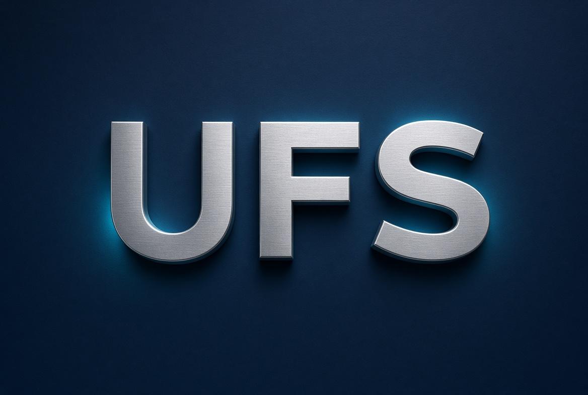 Brushed steel UFS letters on deep navy, edged in Caribbean blue light